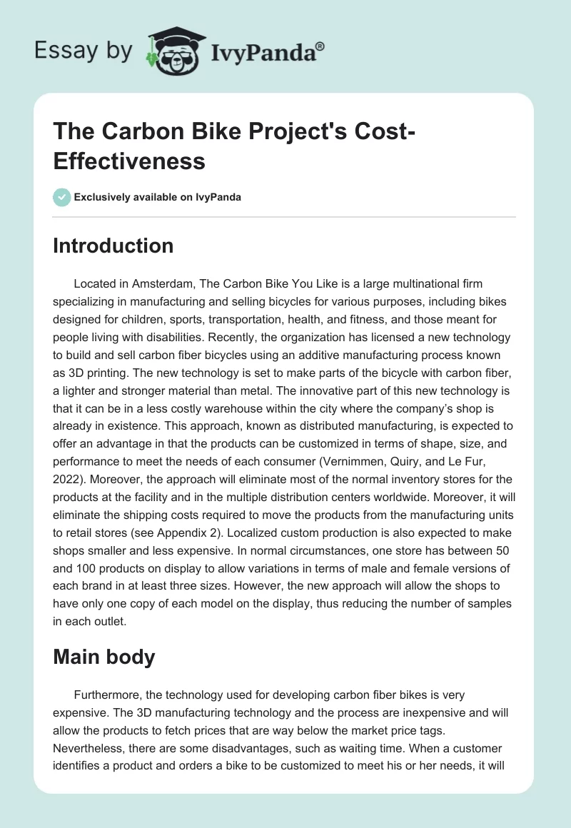 The Carbon Bike Project's Cost-Effectiveness. Page 1