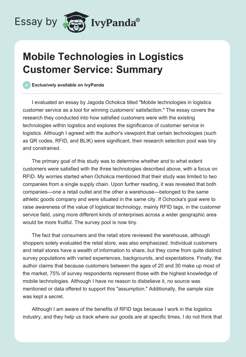 Mobile Technologies in Logistics Customer Service: Summary. Page 1
