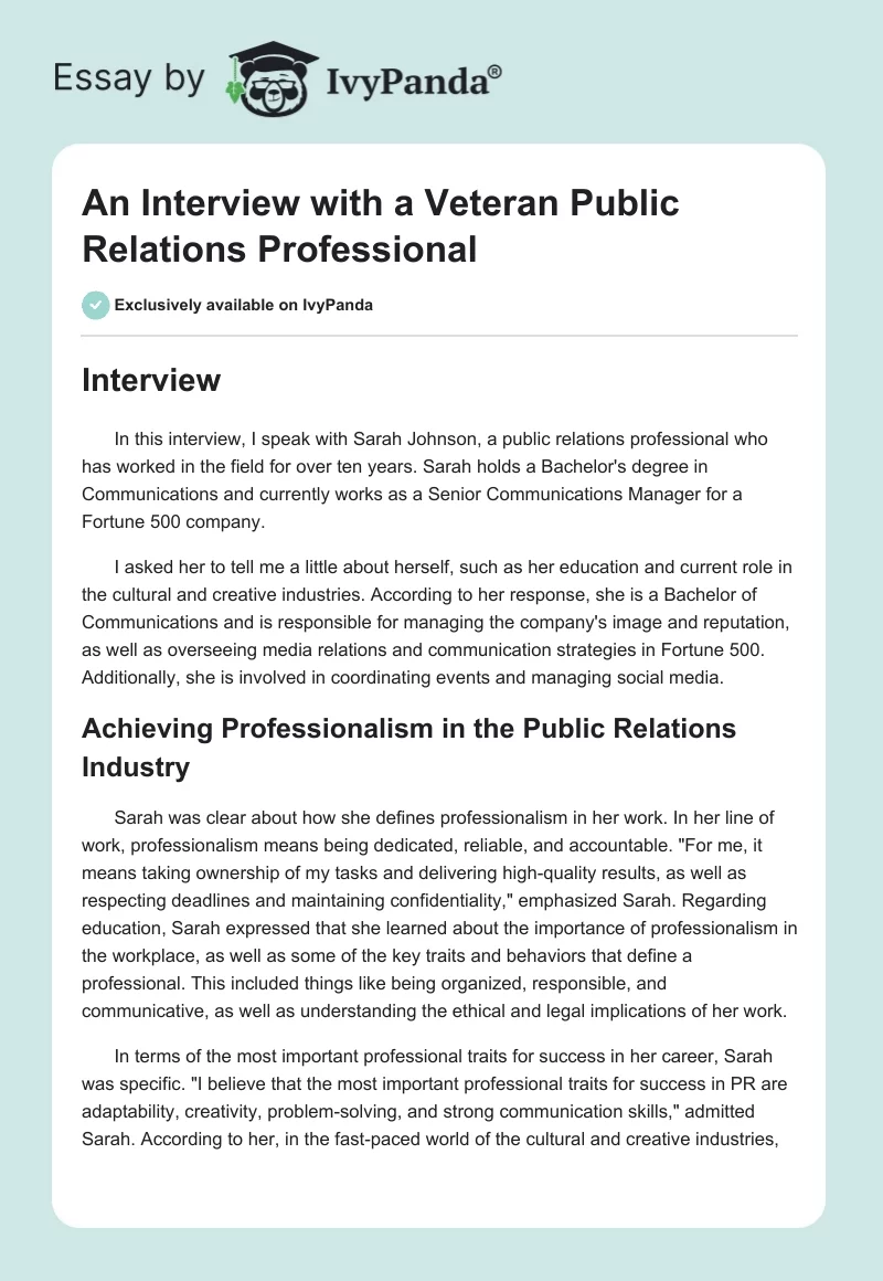An Interview with a Veteran Public Relations Professional. Page 1
