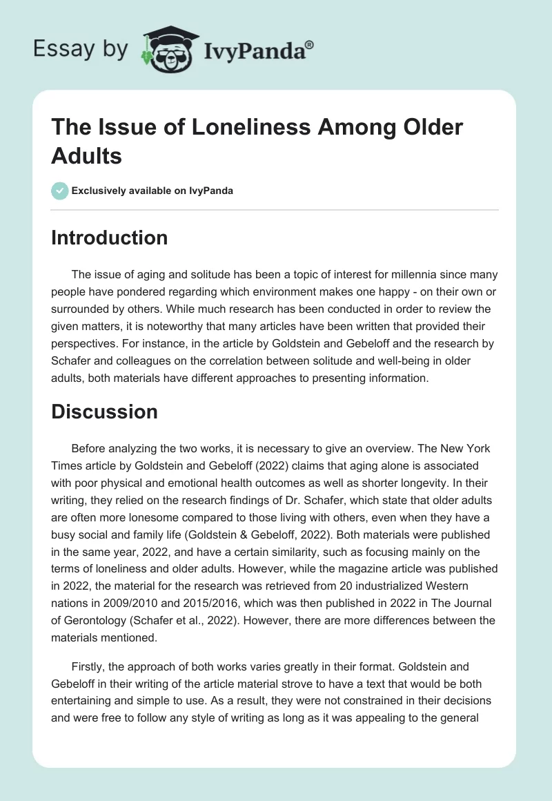 The Issue of Loneliness Among Older Adults. Page 1