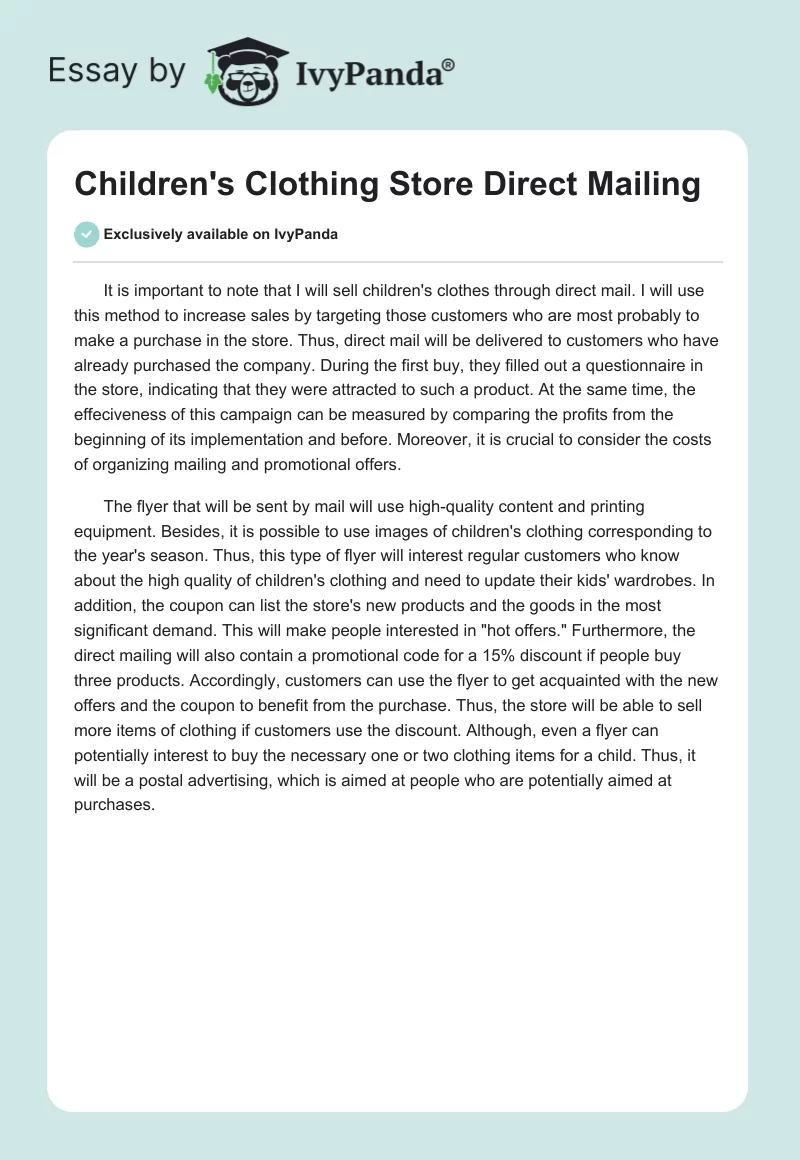 Children's Clothing Store Direct Mailing. Page 1