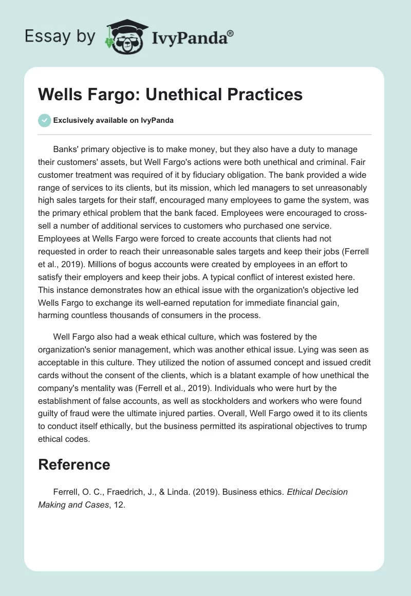 Wells Fargo: Unethical Practices. Page 1