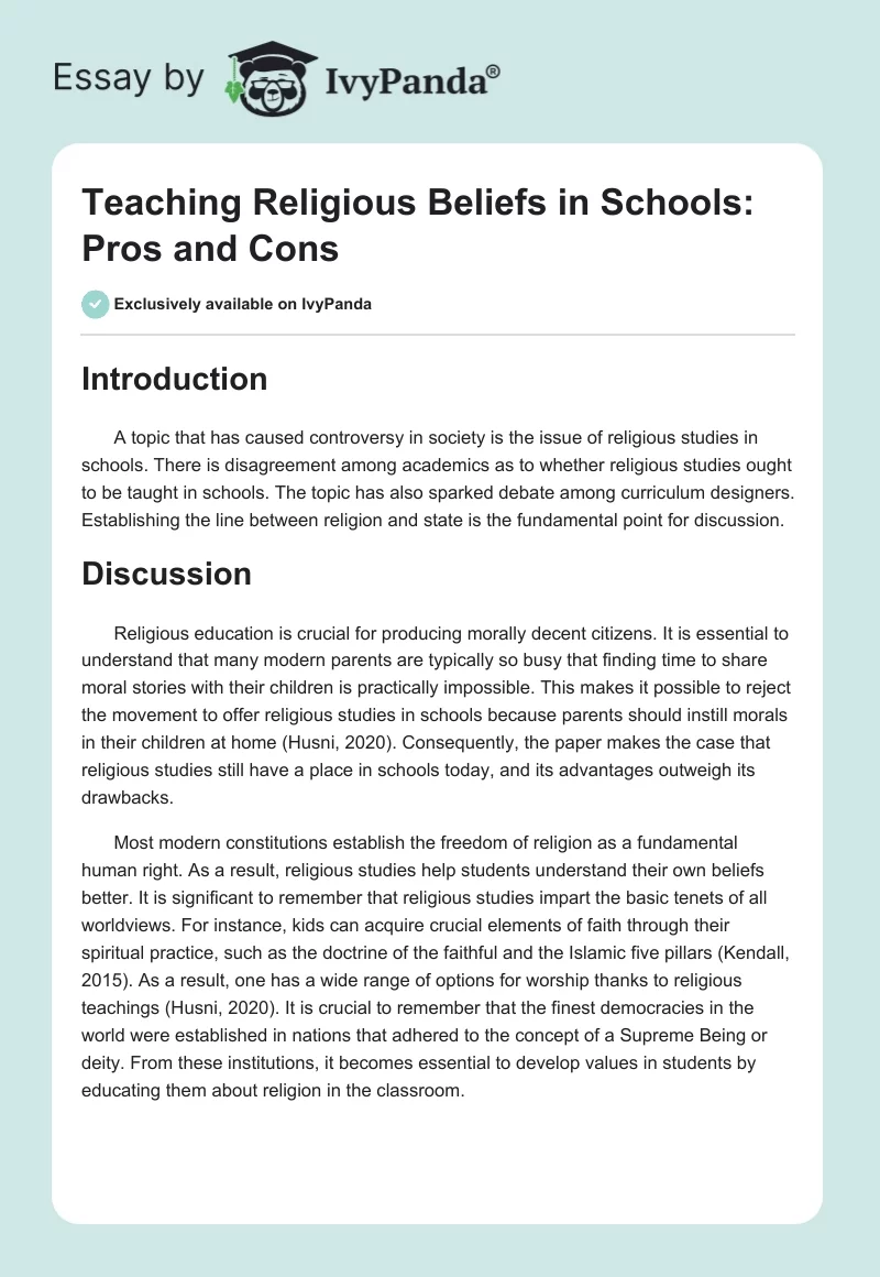 Teaching Religious Beliefs in Schools: Pros and Cons. Page 1