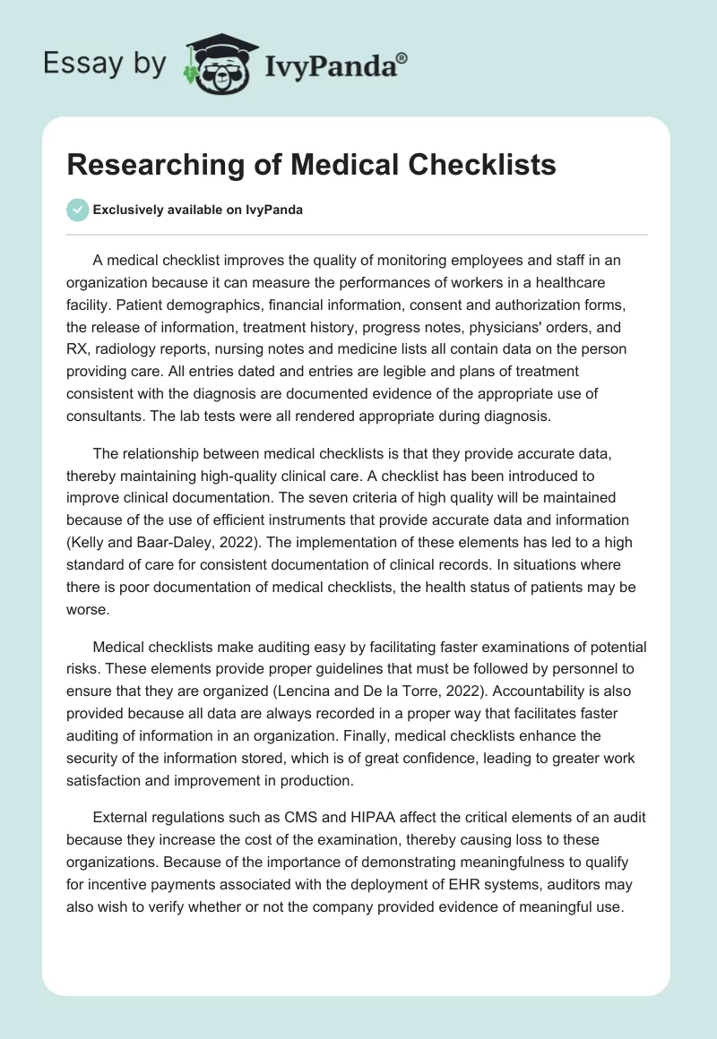 Researching of Medical Checklists. Page 1