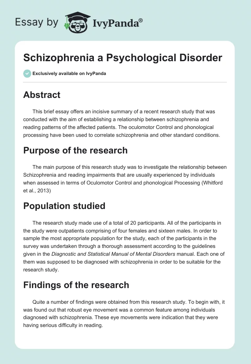 Schizophrenia a Psychological Disorder. Page 1
