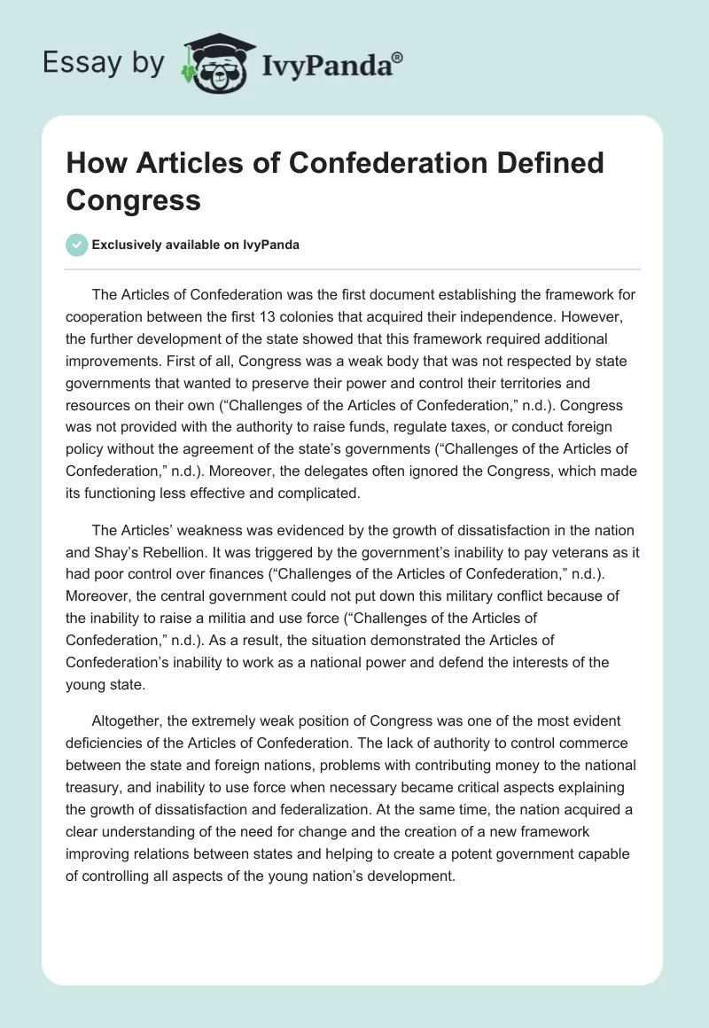 How Articles of Confederation Defined Congress. Page 1