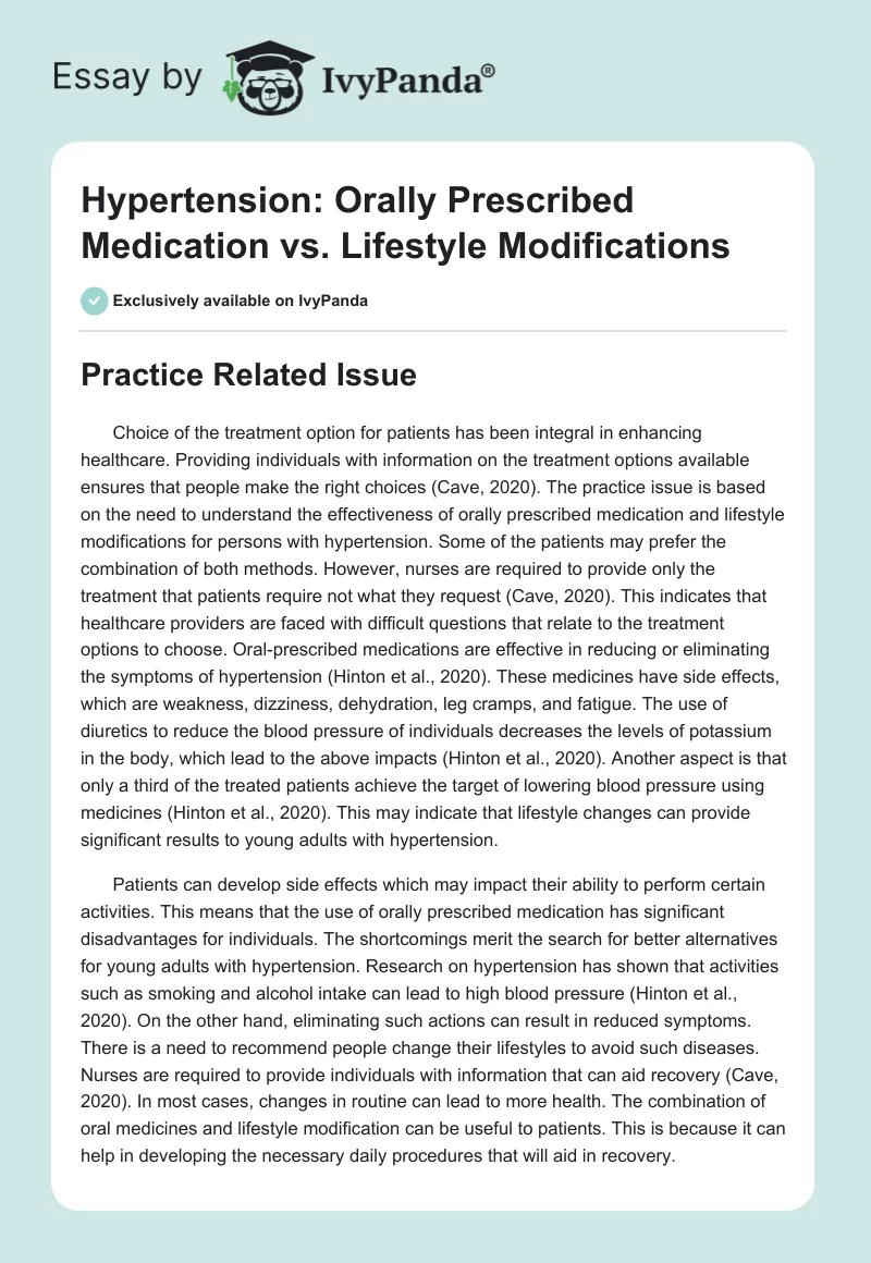 Hypertension: Orally Prescribed Medication vs. Lifestyle Modifications. Page 1