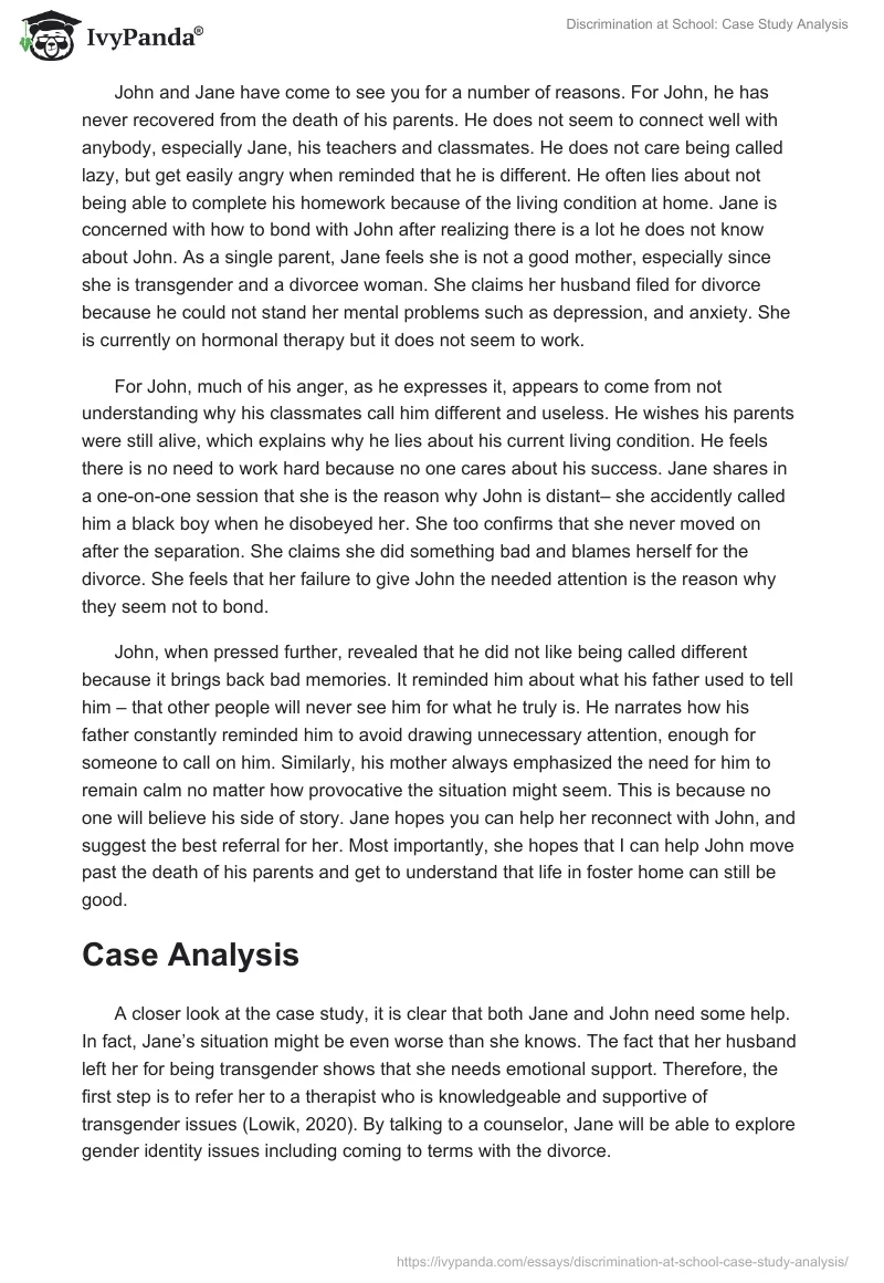 Discrimination at School: Case Study Analysis. Page 2