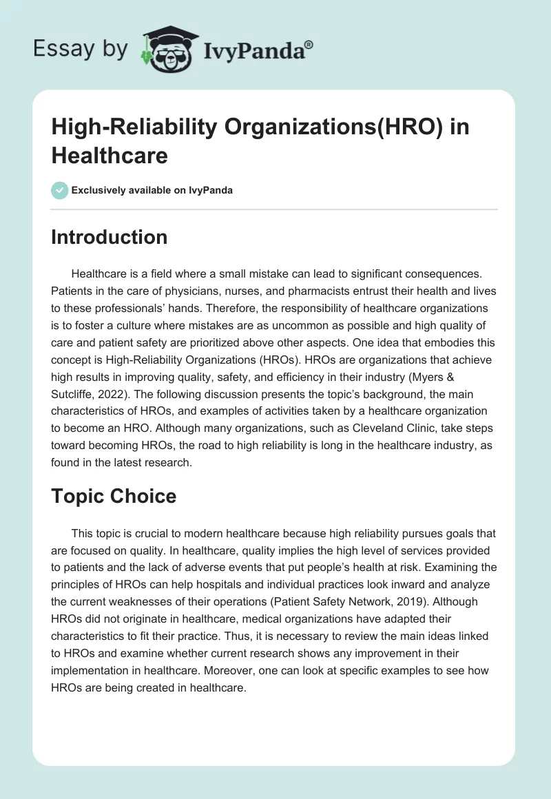 High-Reliability Organizations(HRO) in Healthcare. Page 1