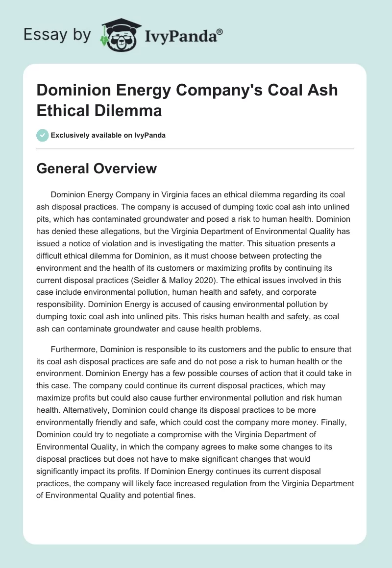 Dominion Energy Company's Coal Ash Ethical Dilemma. Page 1
