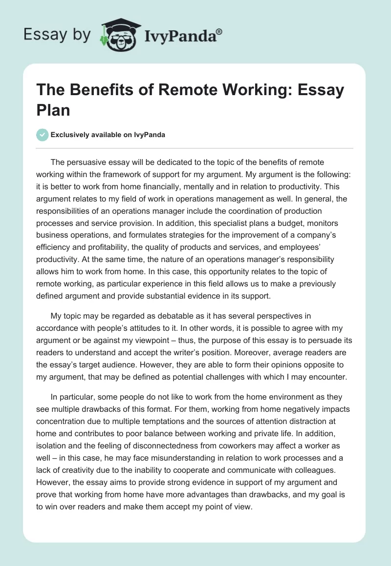 The Benefits of Remote Working: Essay Plan. Page 1