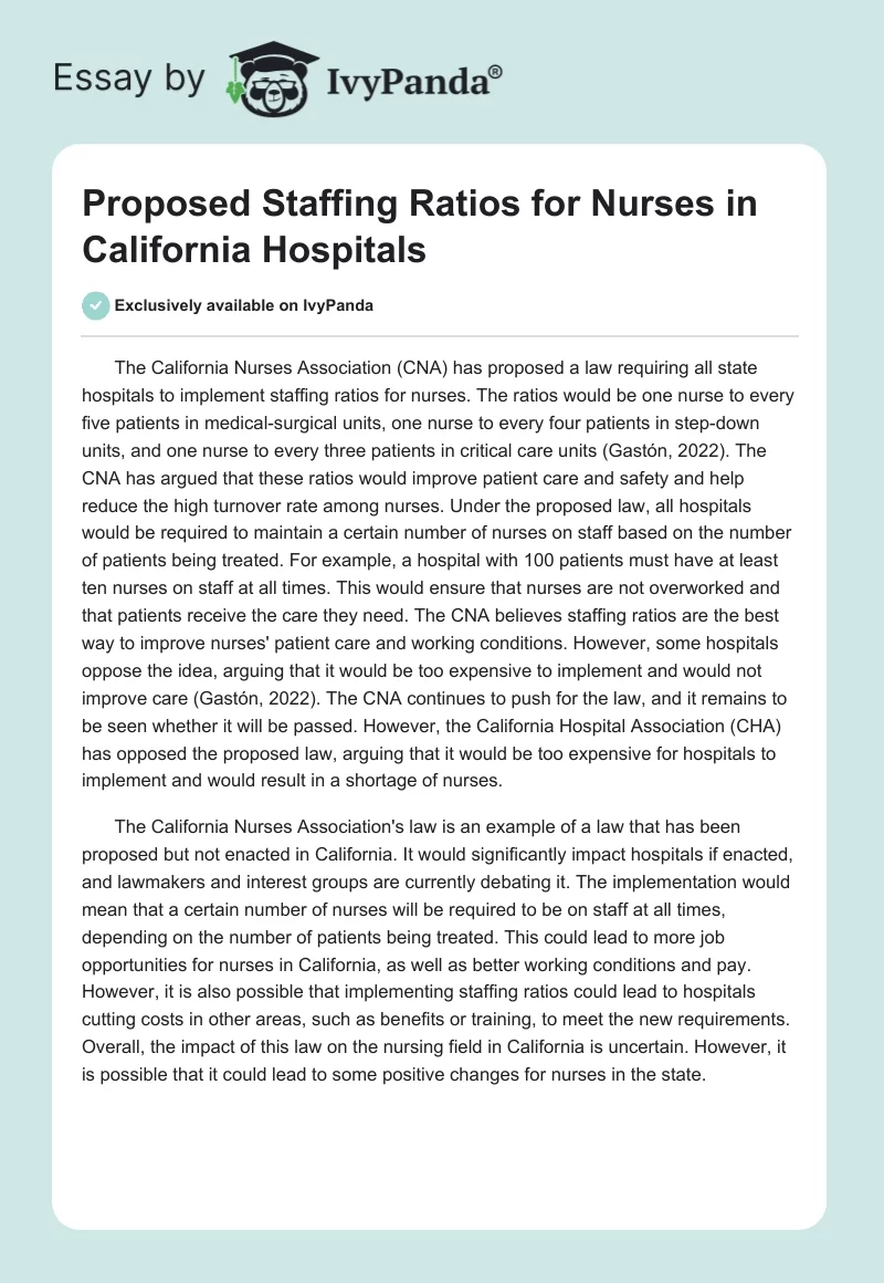 Proposed Staffing Ratios for Nurses in California Hospitals. Page 1