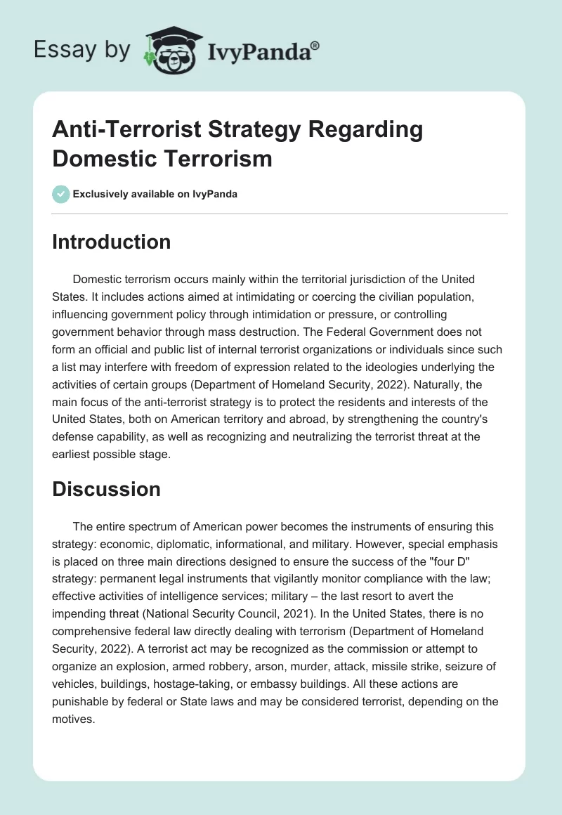 Anti-Terrorist Strategy Regarding Domestic Terrorism. Page 1