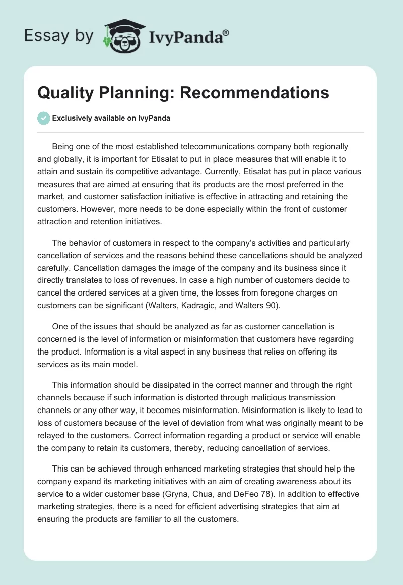 Quality Planning: Recommendations. Page 1