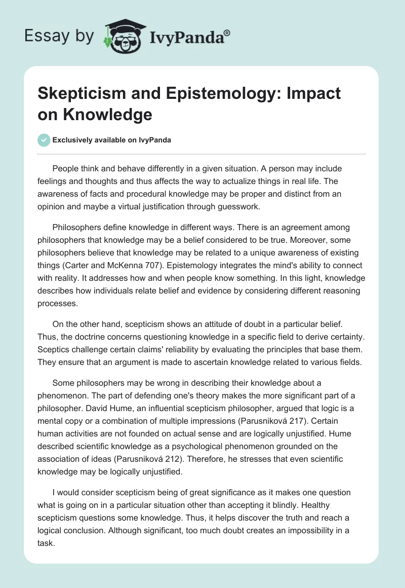 Skepticism and Epistemology: Impact on Knowledge. Page 1