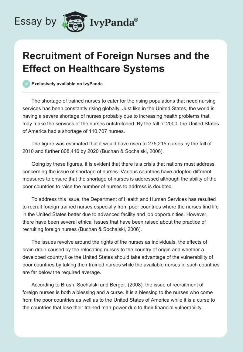 Recruitment of Foreign Nurses and the Effect on Healthcare Systems. Page 1