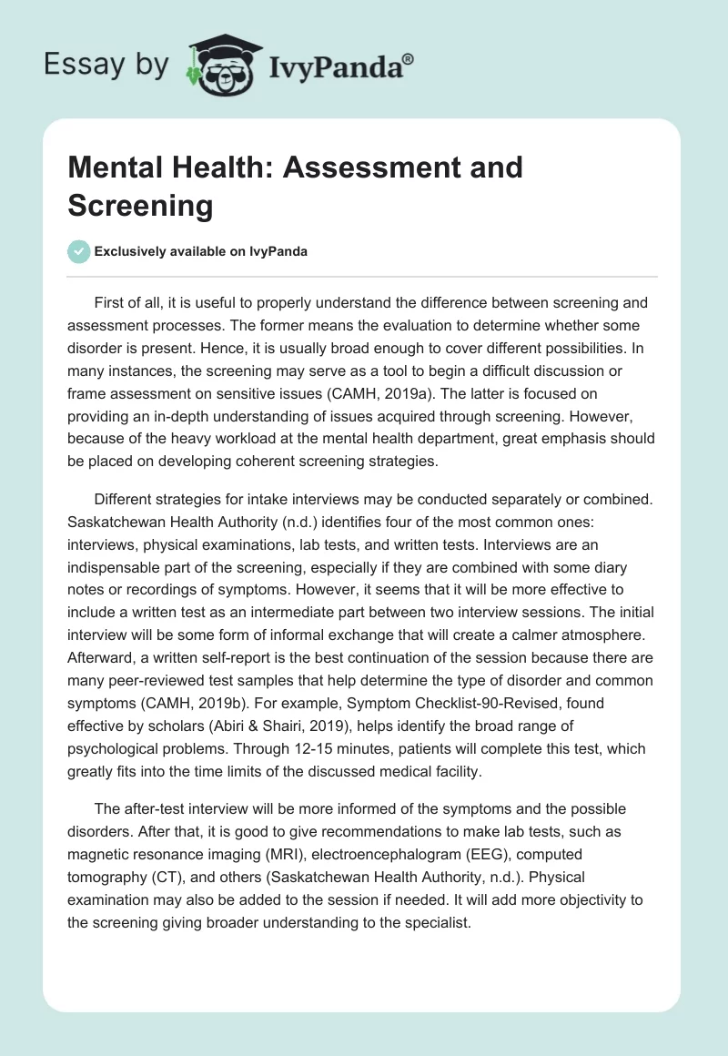 Mental Health: Assessment and Screening. Page 1