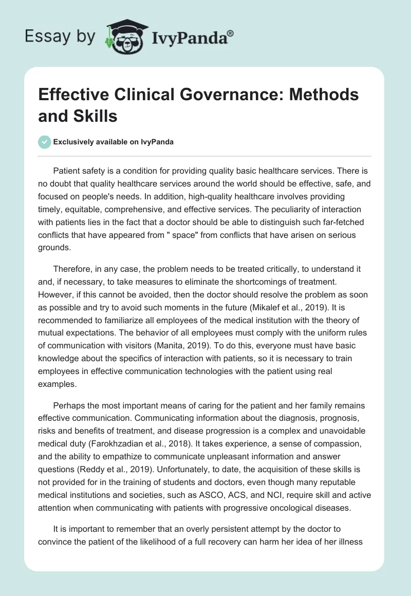 Effective Clinical Governance: Methods and Skills. Page 1