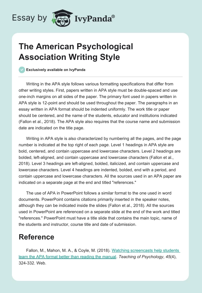 The American Psychological Association Writing Style. Page 1