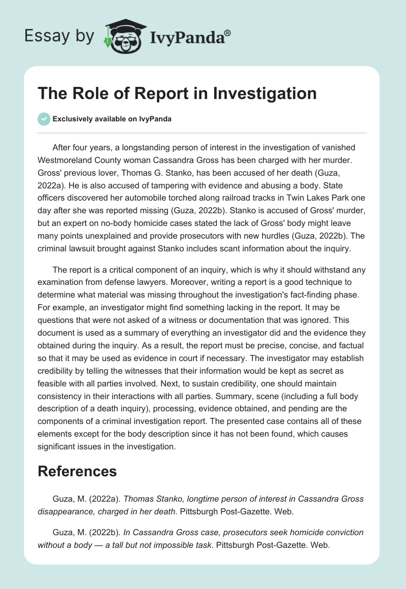 The Role of Report in Investigation. Page 1