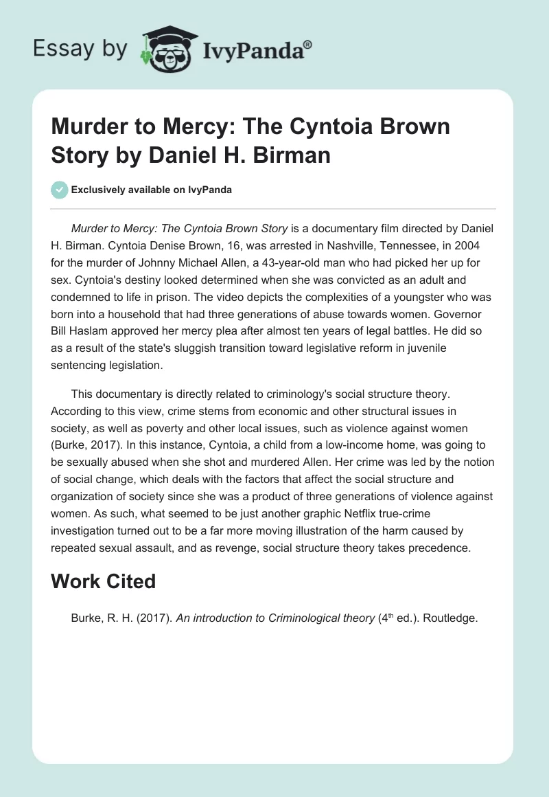 "Murder to Mercy: The Cyntoia Brown Story" by Daniel H. Birman. Page 1