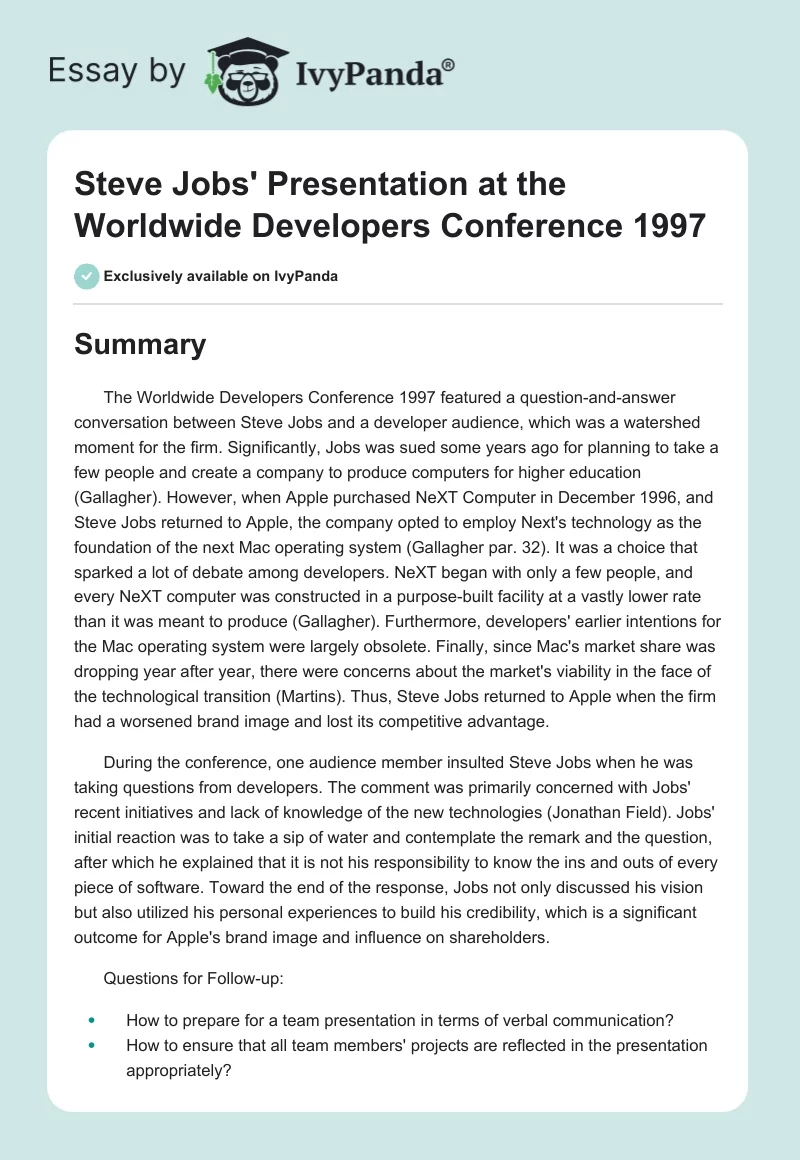 Steve Jobs' Presentation at the Worldwide Developers Conference 1997. Page 1