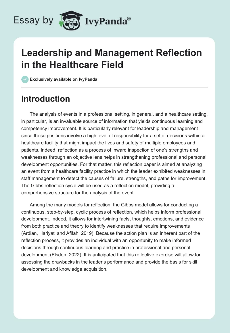 Leadership and Management Reflection in the Healthcare Field. Page 1