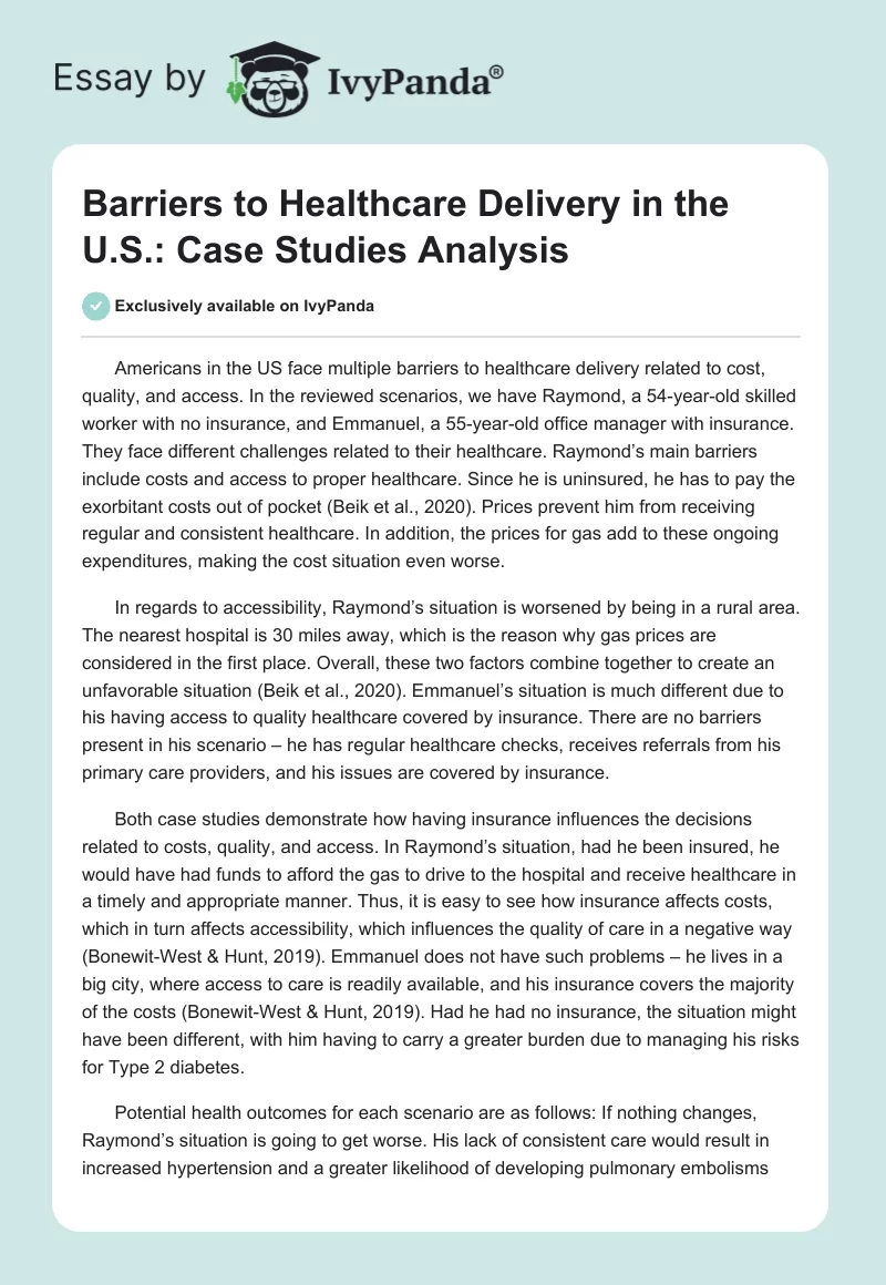 Barriers to Healthcare Delivery in the U.S.: Case Studies Analysis. Page 1