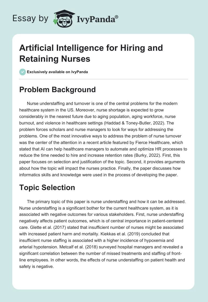 Artificial Intelligence for Hiring and Retaining Nurses. Page 1