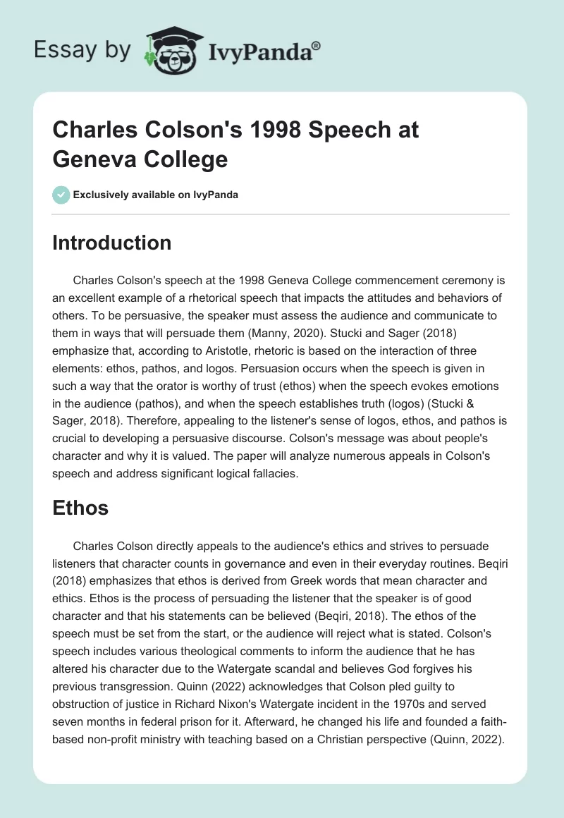 Charles Colson's 1998 Speech at Geneva College. Page 1