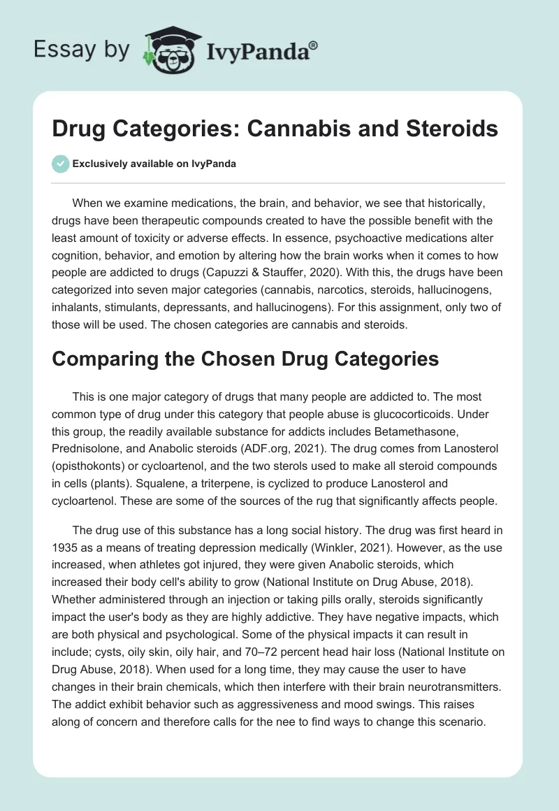Drug Categories: Cannabis and Steroids. Page 1