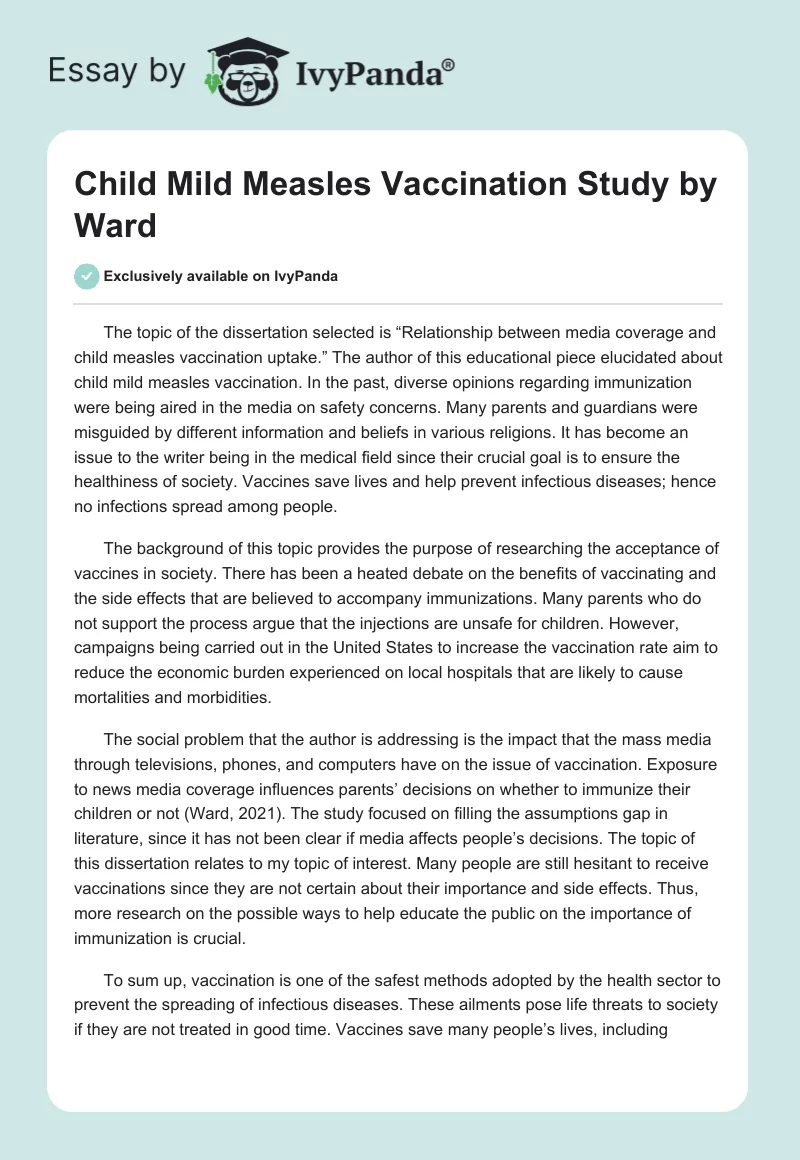 Child Mild Measles Vaccination Study by Ward. Page 1