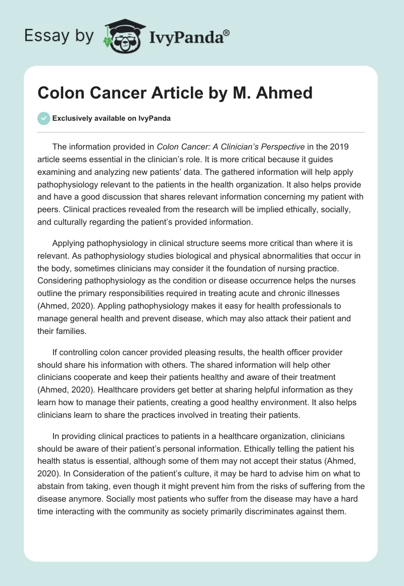 Colon Cancer Article by M. Ahmed. Page 1