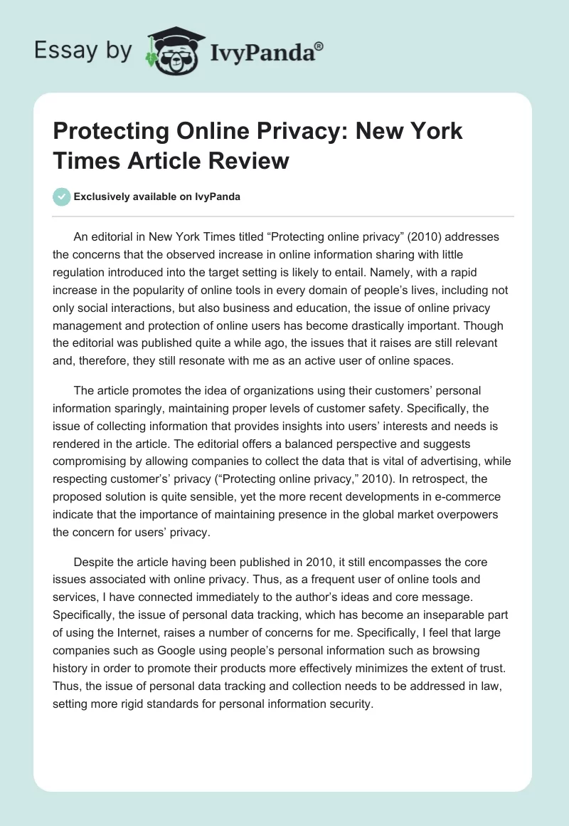 Protecting Online Privacy: New York Times Article Review. Page 1