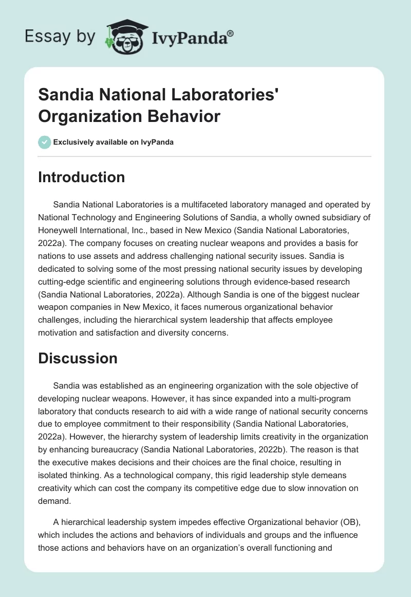 Sandia National Laboratories' Organization Behavior. Page 1