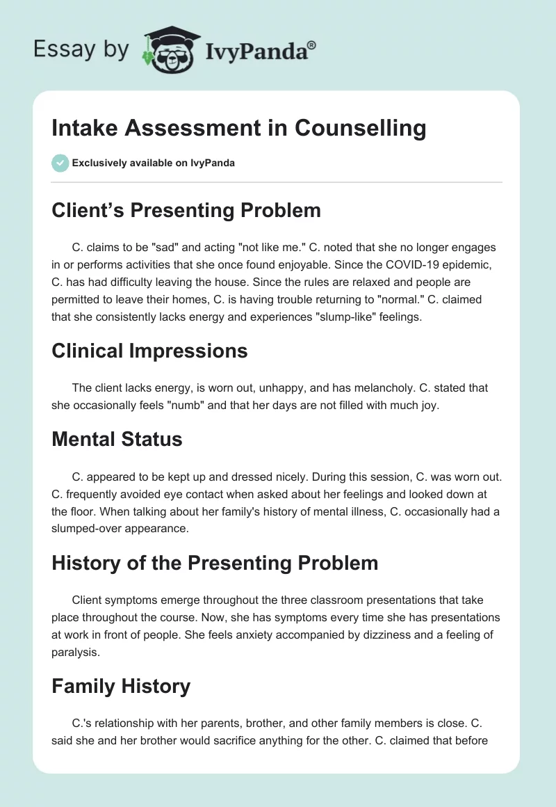 Intake Assessment in Counselling. Page 1