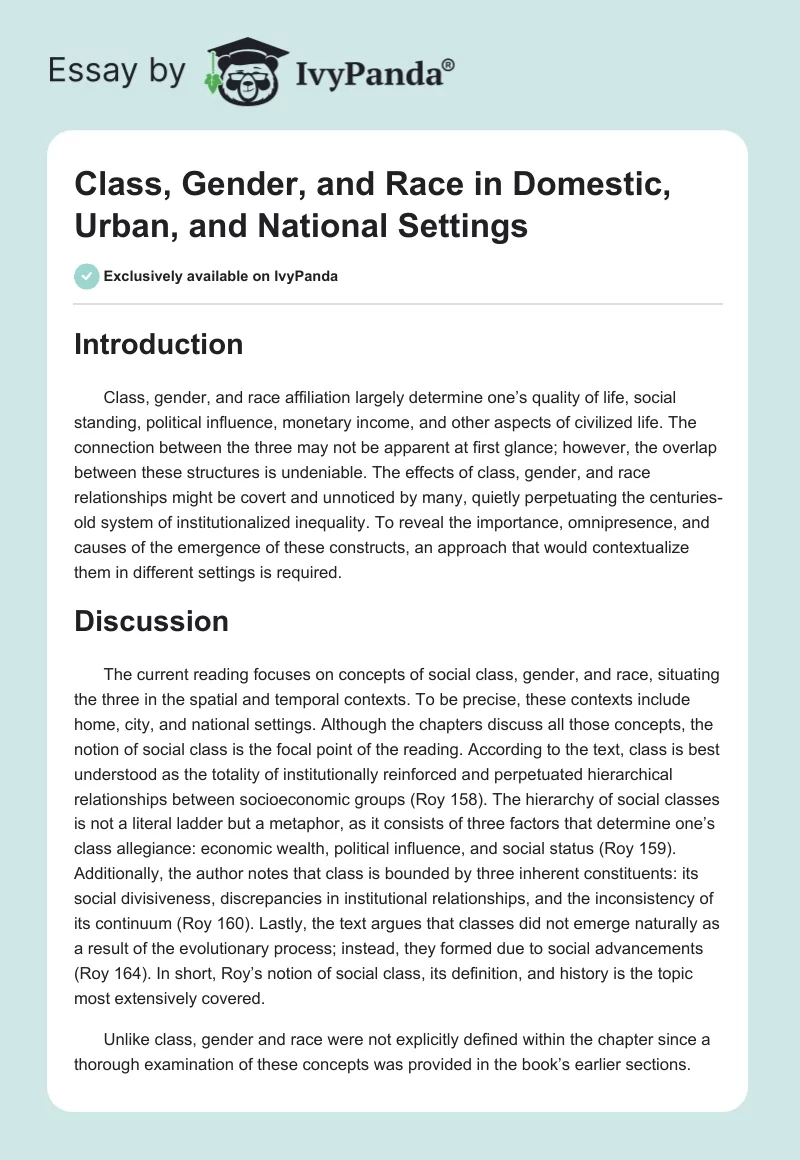 Class, Gender, and Race in Domestic, Urban, and National Settings. Page 1