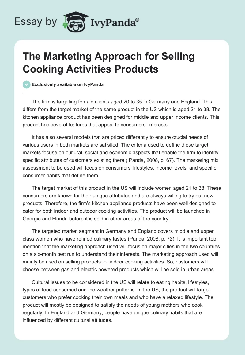 The Marketing Approach for Selling Cooking Activities Products. Page 1