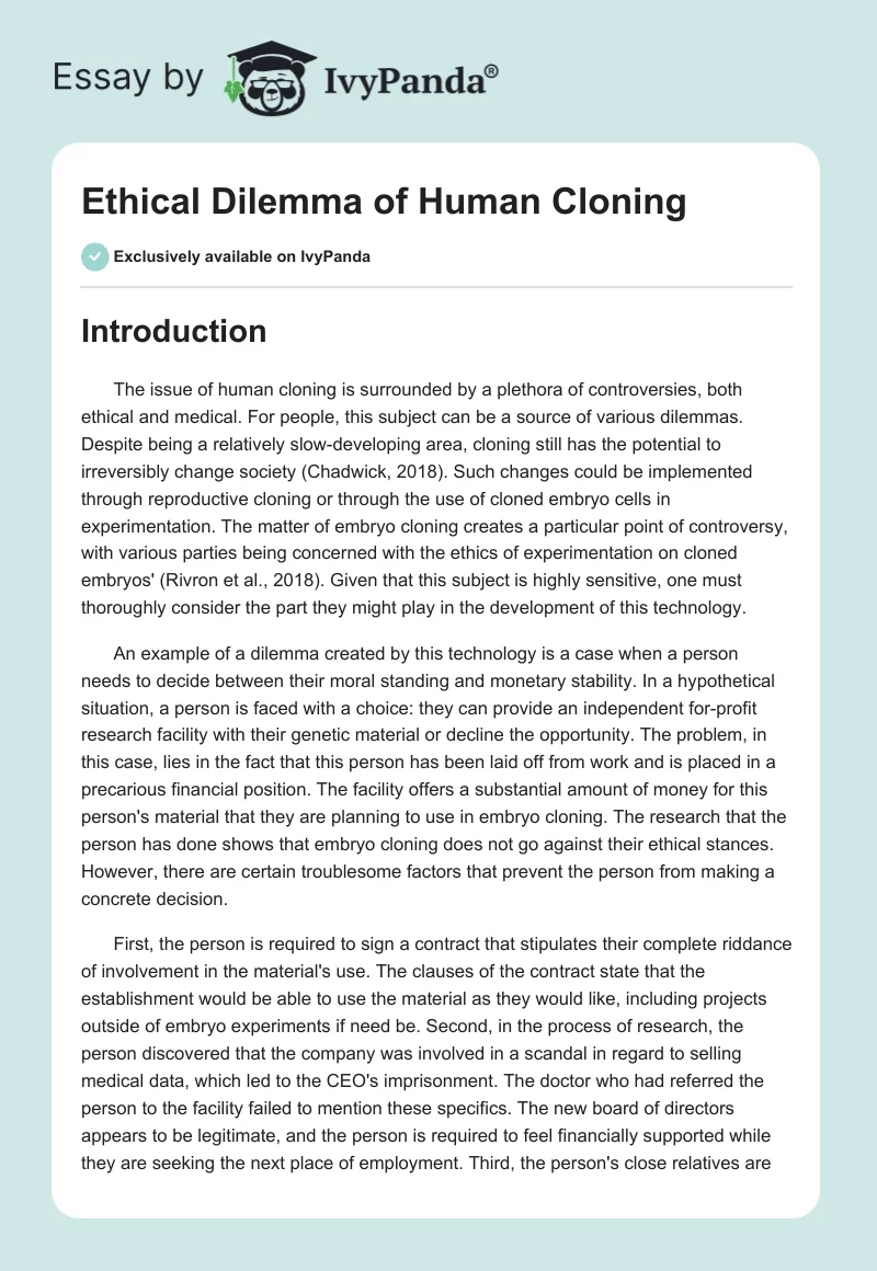 Ethical Dilemma of Human Cloning. Page 1