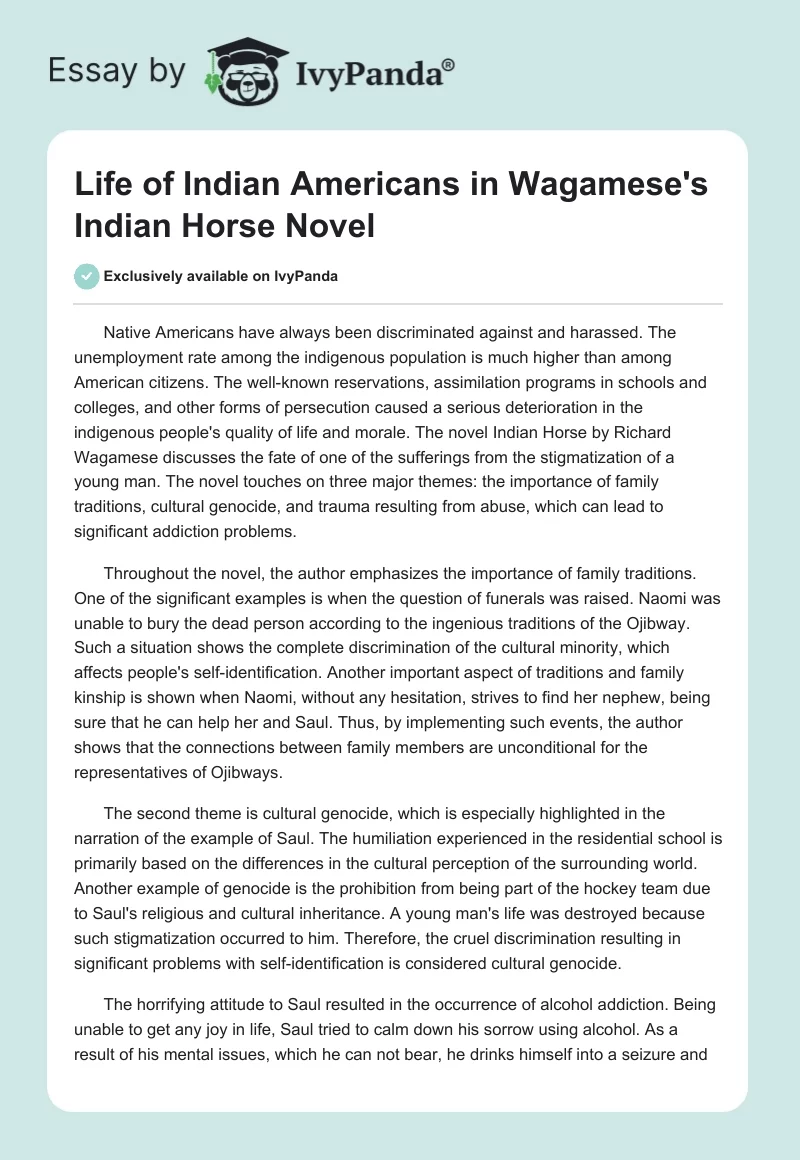 Life of Indian Americans in Wagamese's Indian Horse Novel. Page 1