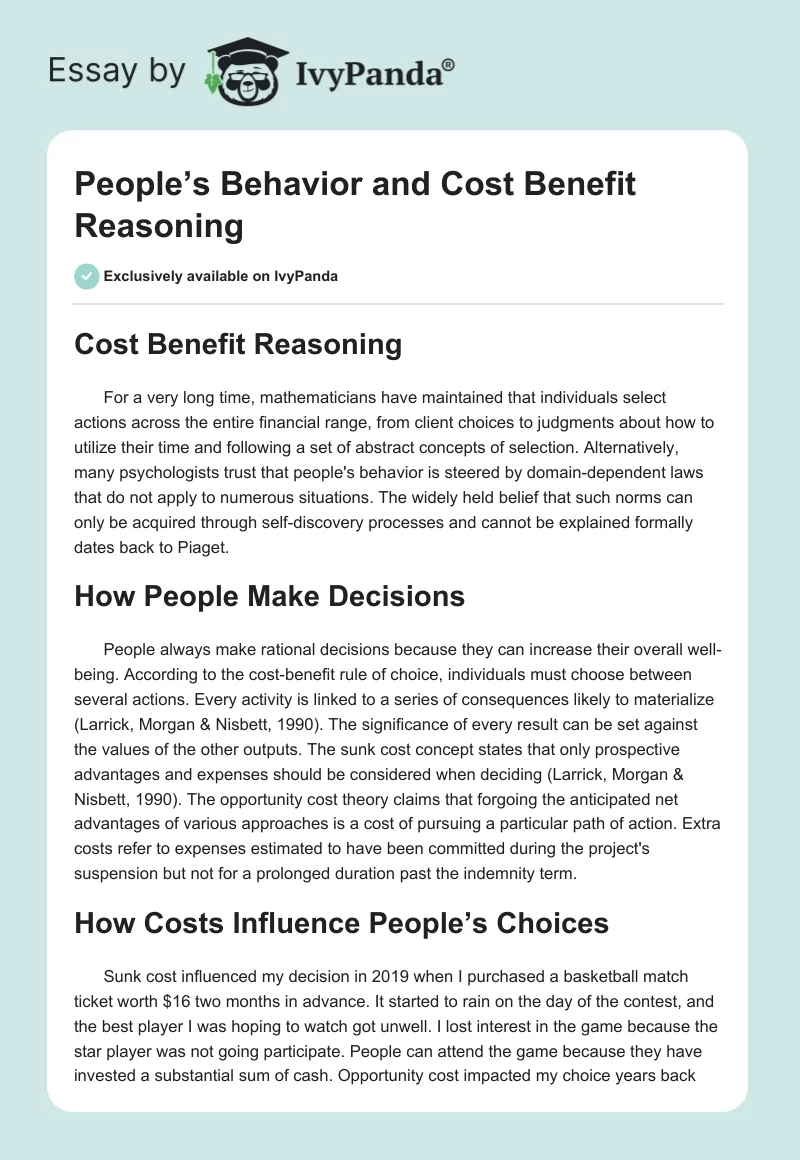 People’s Behavior and Cost Benefit Reasoning. Page 1
