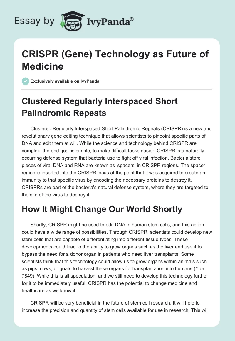 CRISPR (Gene) Technology as Future of Medicine. Page 1