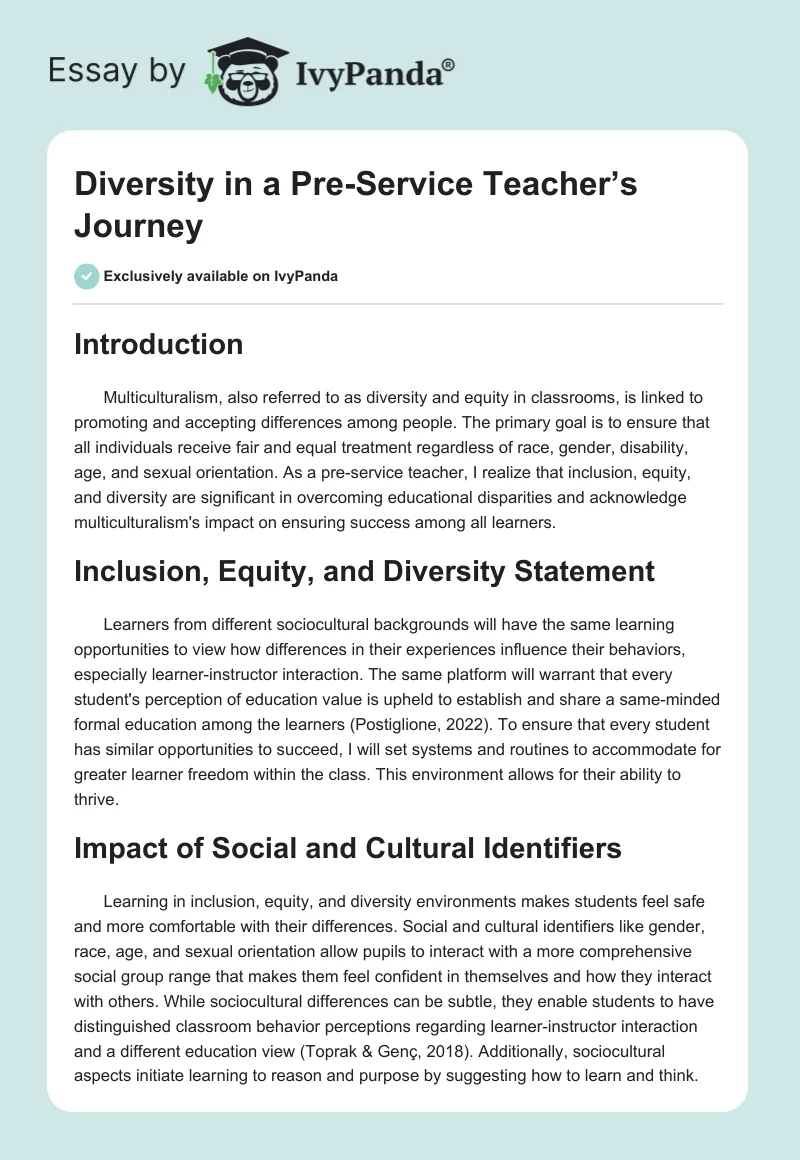 Diversity in a Pre-Service Teacher’s Journey. Page 1