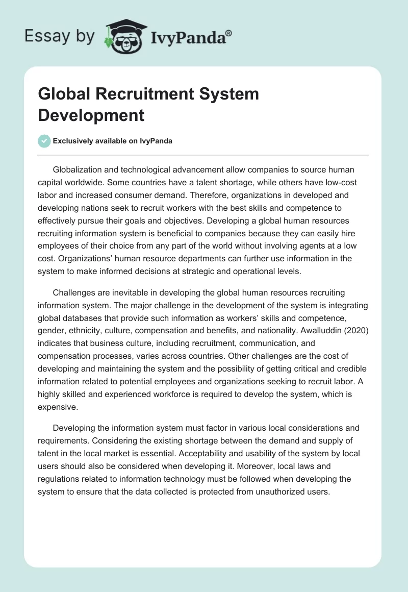 Global Recruitment System Development. Page 1