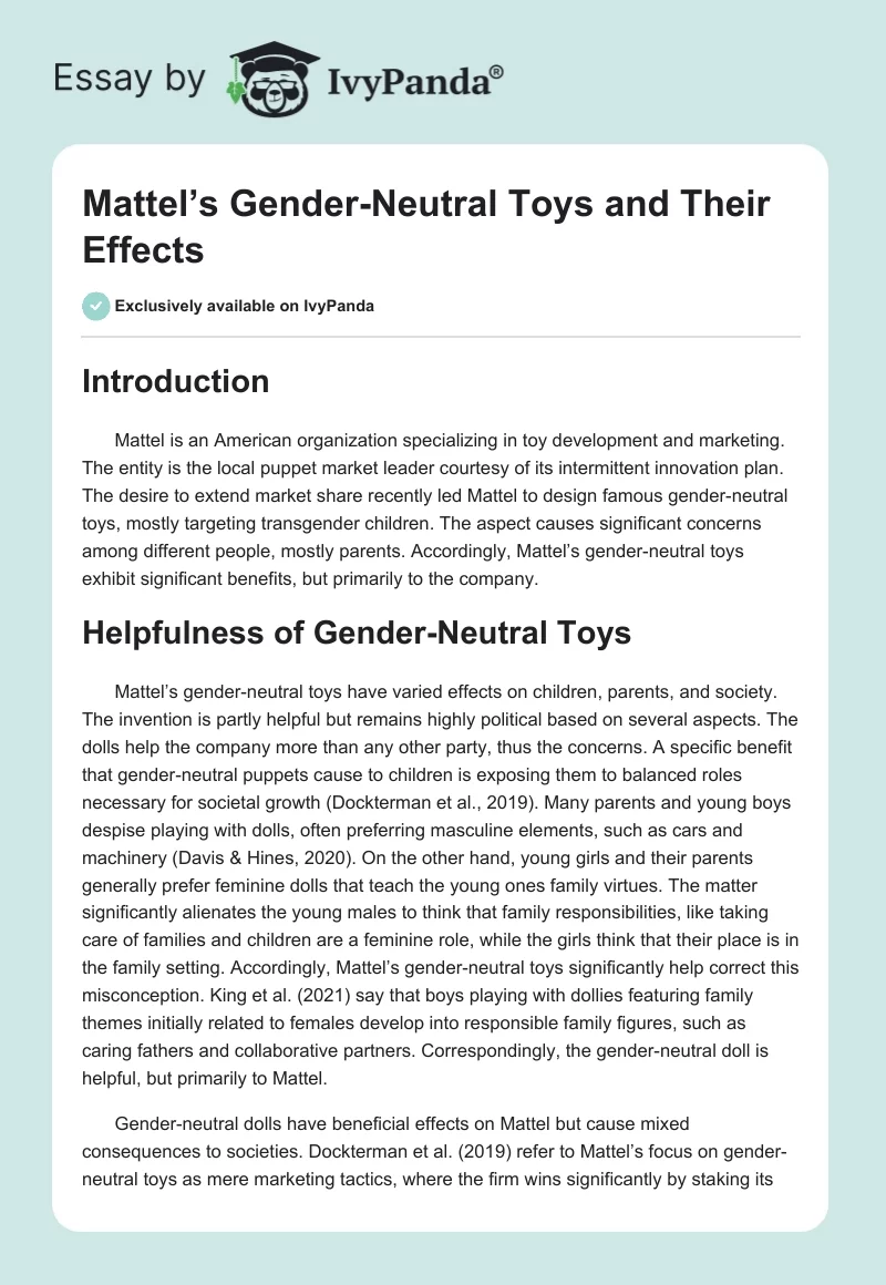 Mattel’s Gender-Neutral Toys and Their Effects. Page 1
