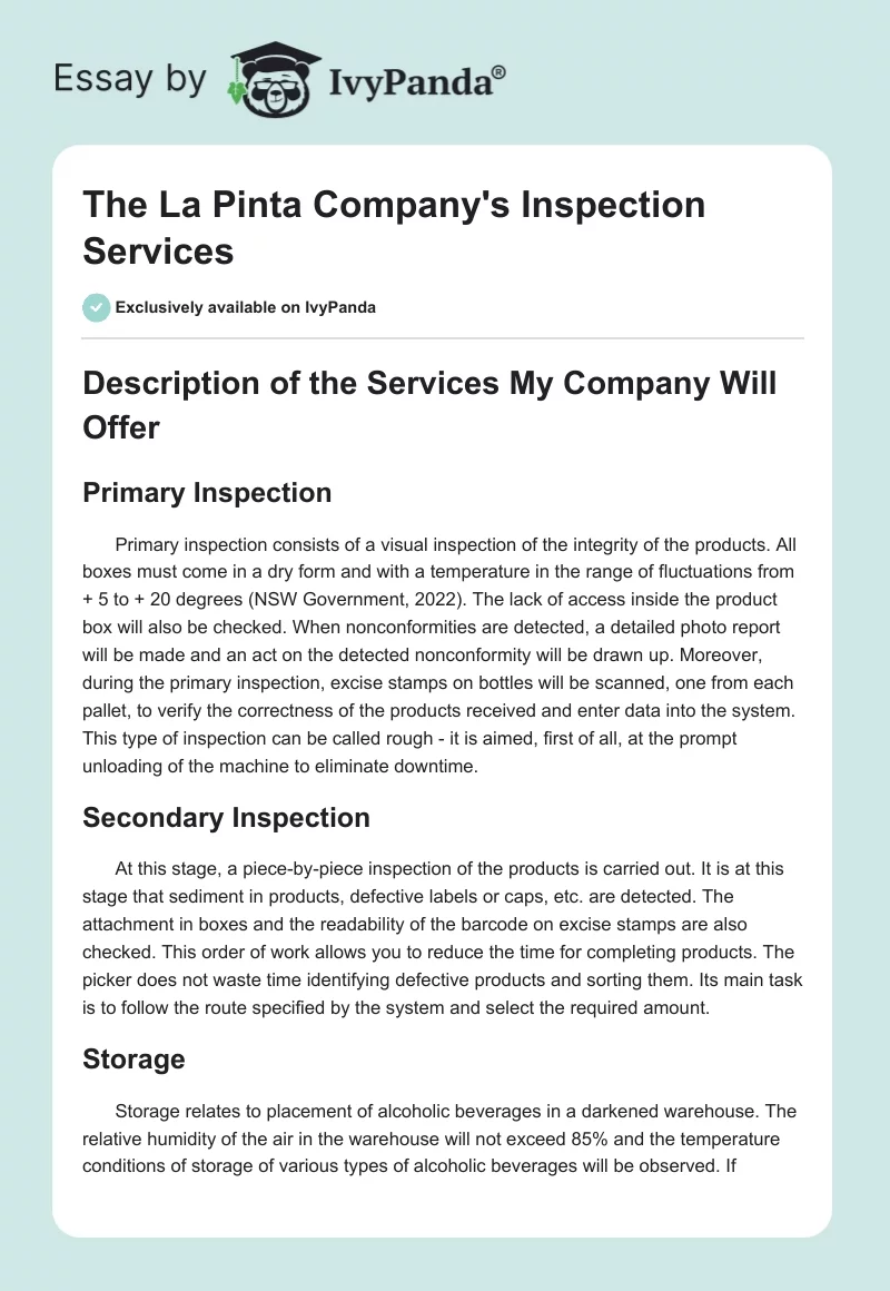 The La Pinta Company's Inspection Services. Page 1