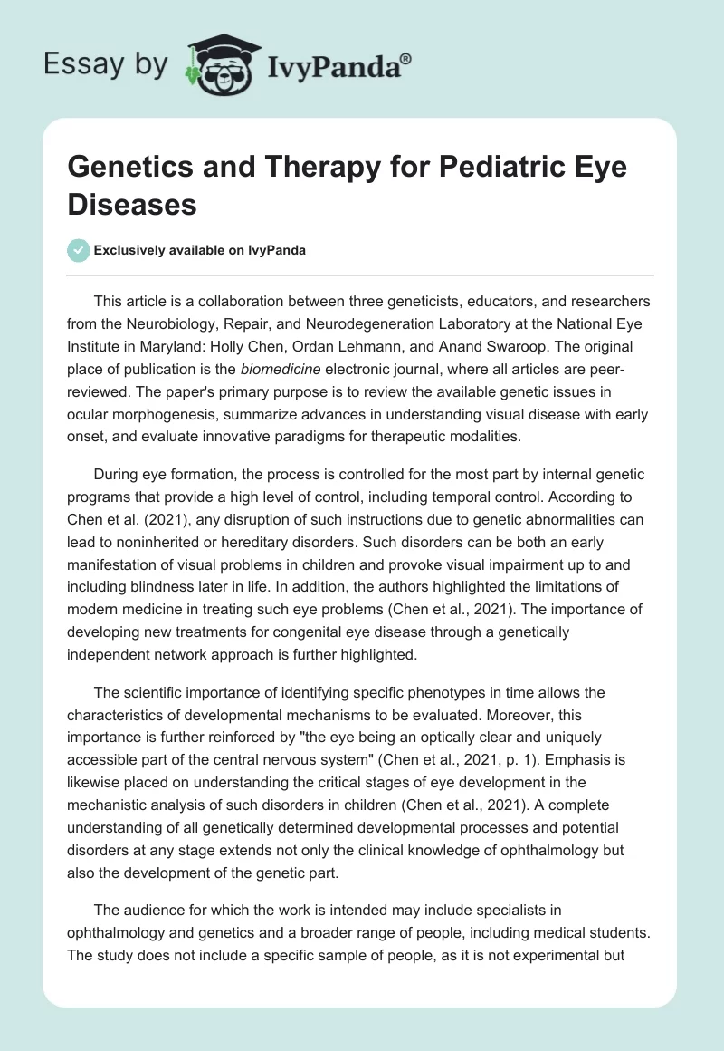 Genetics and Therapy for Pediatric Eye Diseases. Page 1