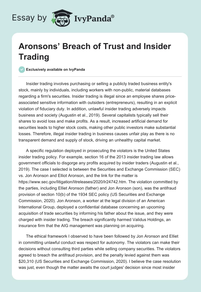 Aronsons’ Breach of Trust and Insider Trading. Page 1