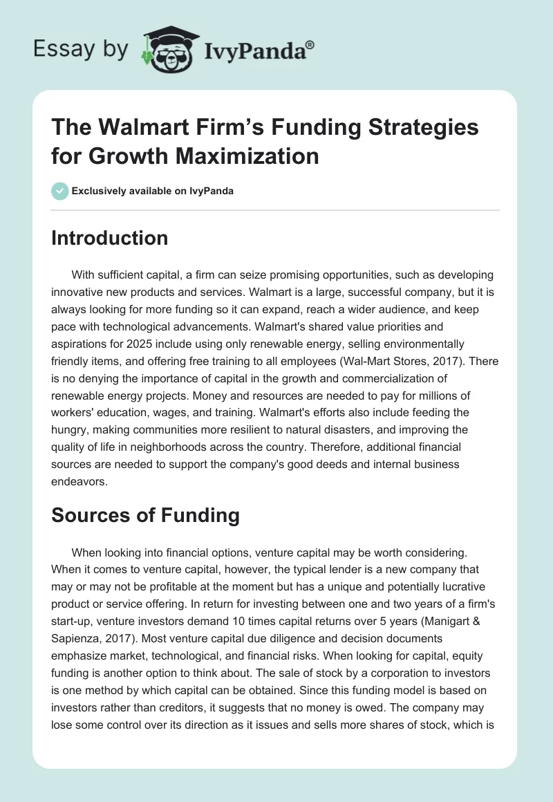 The Walmart Firm’s Funding Strategies for Growth Maximization. Page 1