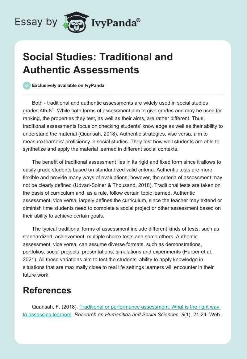 Social Studies: Traditional and Authentic Assessments. Page 1